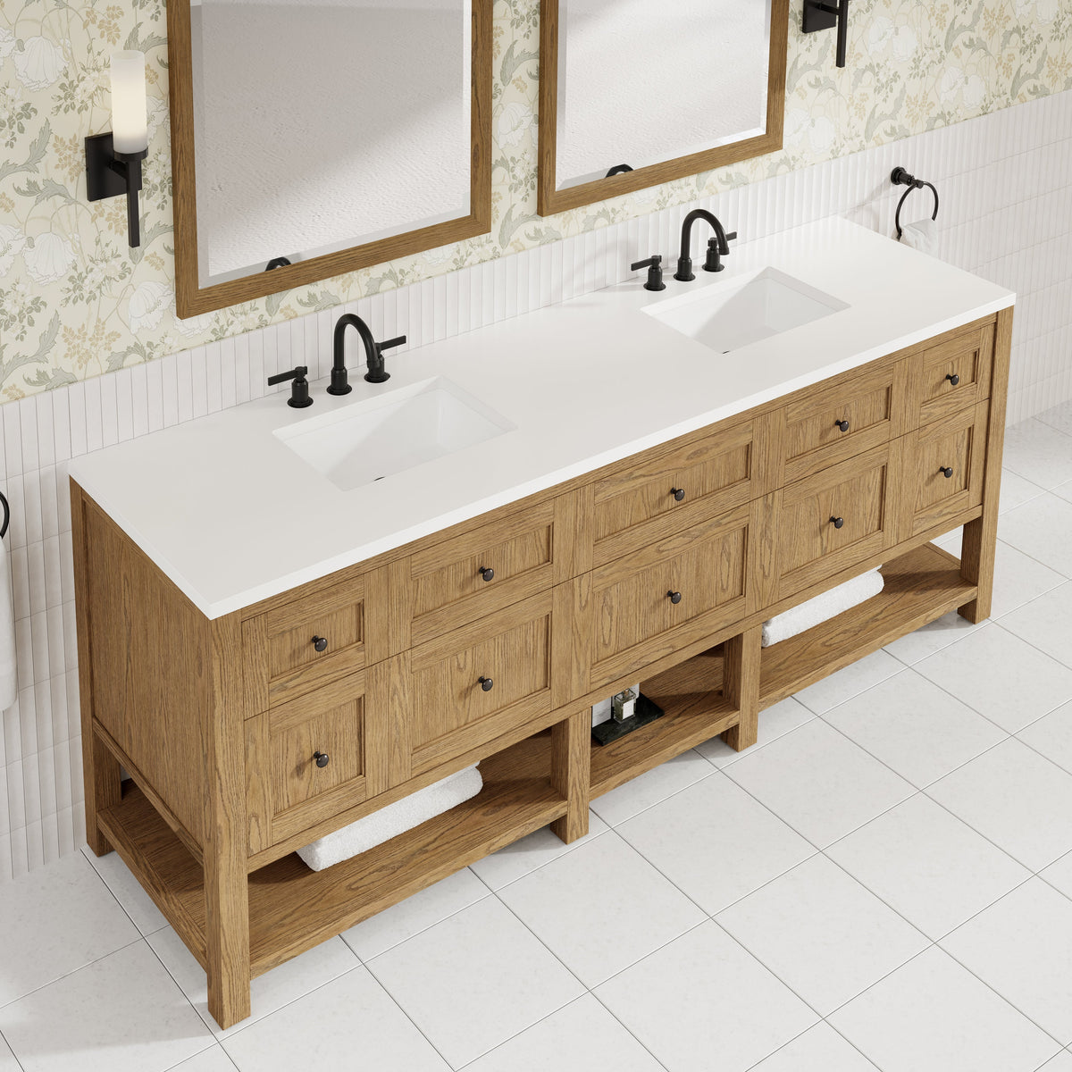 Breckenridge 84-inch double vanity in Light Natural Oak with White Zeus Silestone top