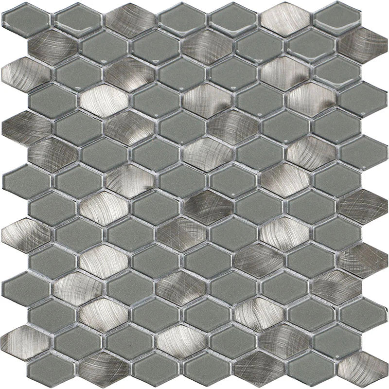 Iradium Silver 12x12 Stone & Glass Mixed Mosaic - Elongated Hex - HF Collection