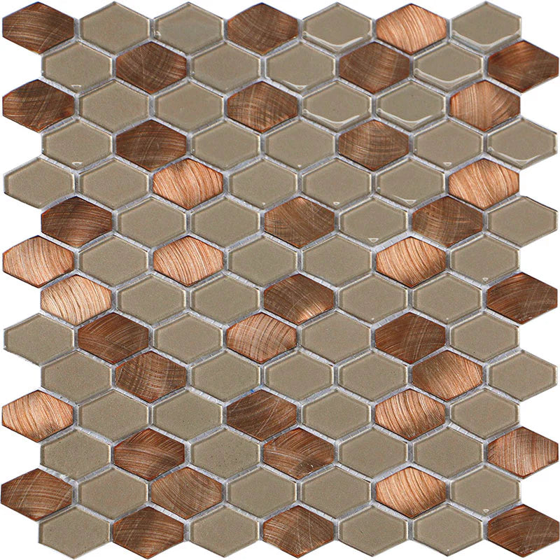 Iradium Copper 12x12 Stone & Glass Mixed Mosaic (SALE) - Elongated Hex