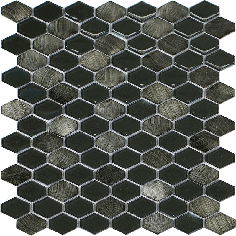 Iradium Anthracite 12x12 Stone & Glass Mixed Mosaic (SALE) - Elongated Hex