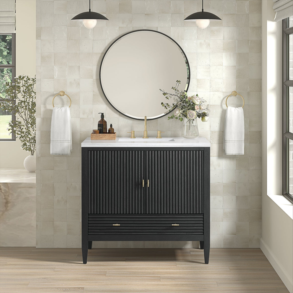 James Martin Myrrin 485-V36-CBO Carbon Oak cabinet; top and accessories pictured are not included