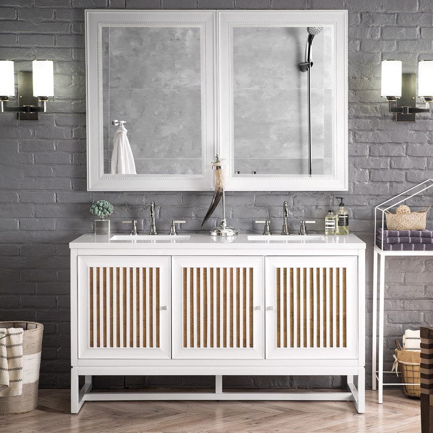 James Martin Athens 60 in. Vanity Cabinet Only | E645-V60D — Glossy White; cabinet only, optional top and fixtures shown