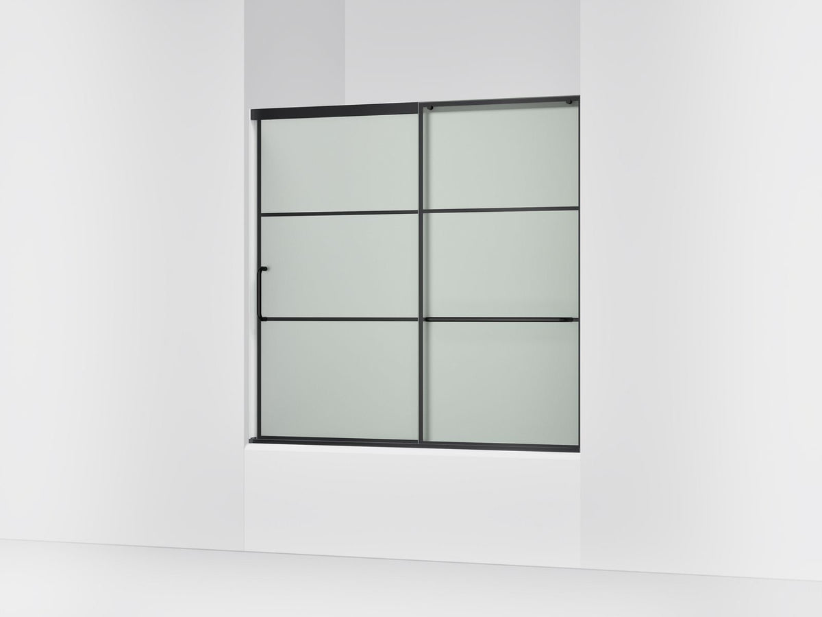 Kohler Elate® 56-1/4"-59-5/8" W x 56-3/4" H sliding bath door with 1/4"-thick Frosted glass — Matte Black