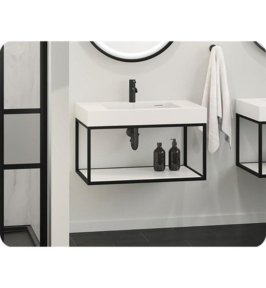 Stak Dua Wall Mount Frame and Matte White Round Corner Countertop with Solid Surface Shelf 23-5/8'' x 18-7/8'' x 6''