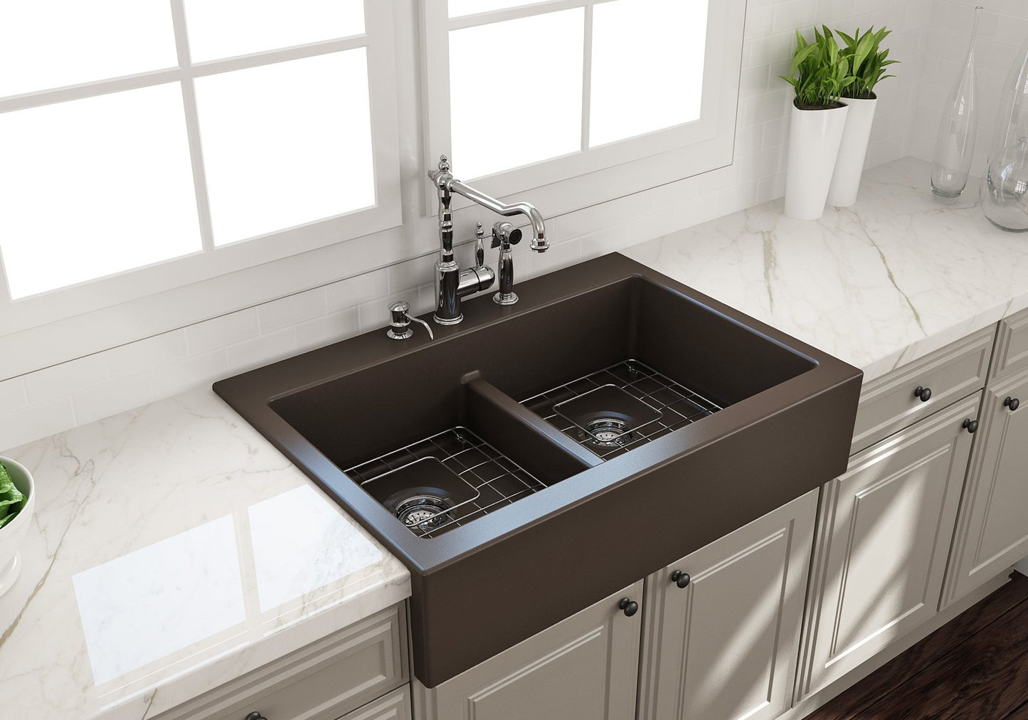 Bocchi Farmhouse Short Apron Front Fireclay 34" Double Bowl Kitchen Sink for easy Retro-Fit (Call for special pricing)