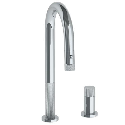 WATERMARK Titanium 22 Deck Mounted 2 Hole Gooseneck Prep Faucet with Pull Down Spray 22-9.1.3PG2-TIAV (ON SALE)