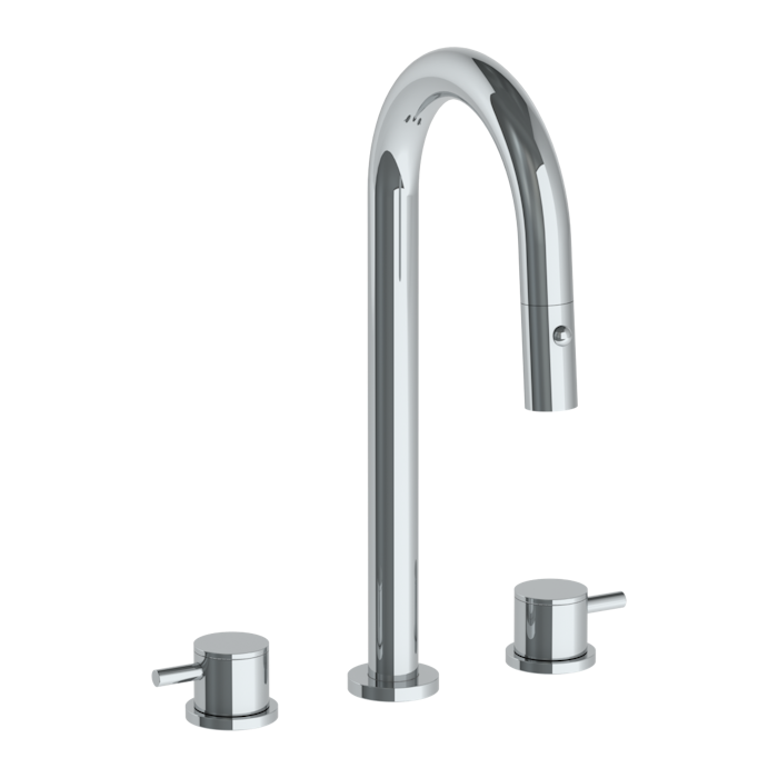 WATERMARK Titanium 22 Deck Mounted 3 Hole Gooseneck Prep Faucet with Pull Down Spray 22-9PG4-TIB (ON SALE)