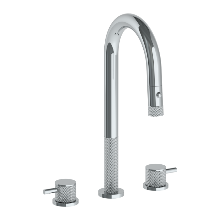 WATERMARK Titanium 22 Deck Mounted 3 Hole Gooseneck Prep Faucet with Pull Down Spray 22-9PG4-TIC (ON SALE)