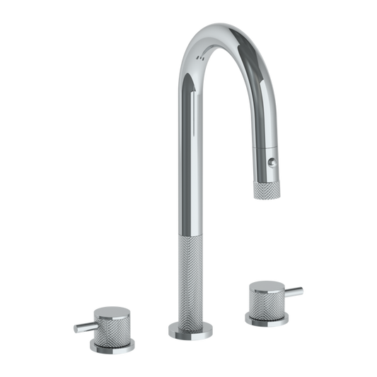 WATERMARK Titanium 22 Deck Mounted 3 Hole Gooseneck Prep Faucet with Pull Down Spray 22-9PG4-TIC (ON SALE)