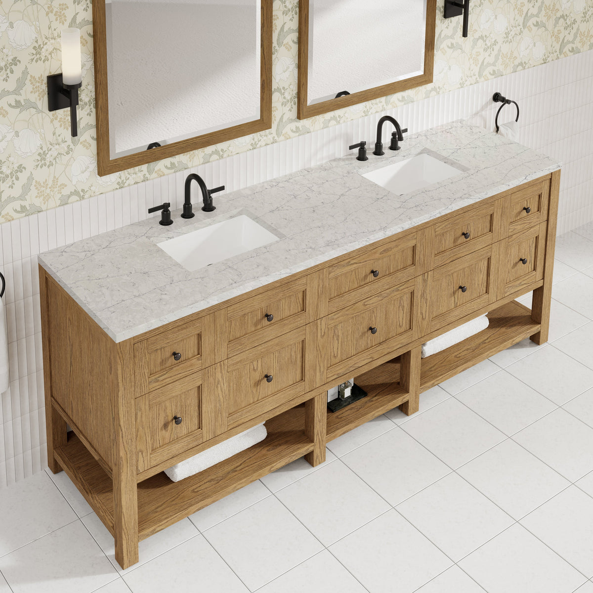Breckenridge 84-inch double vanity in Light Natural Oak with Eternal Jasmine Pearl Silestone top
