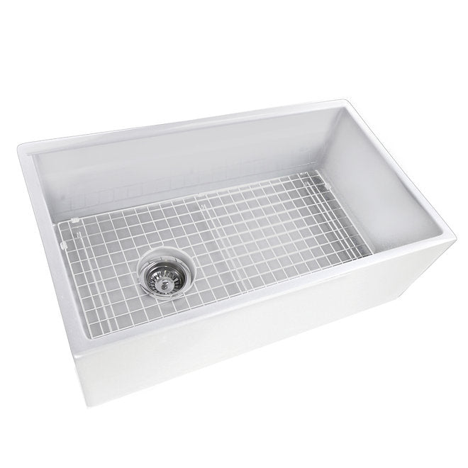 NANTUCKET 30 Inch White Fireclay Farmhouse Sink Offset Drain with Grid FCFS3018W-OSD  (FREE SHIPPING PROMO SEPTEMBER 2025)