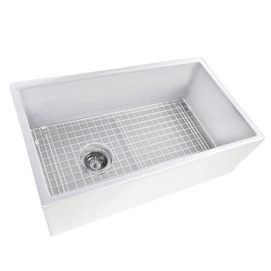 NANTUCKET 30 Inch White Fireclay Farmhouse Sink Offset Drain with Grid FCFS3018W-OSD  (FREE SHIPPING PROMO SEPTEMBER 2025)