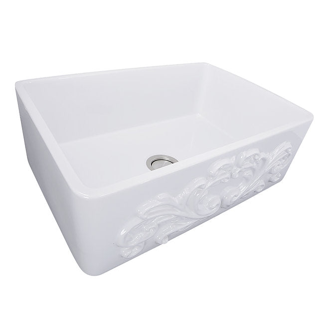 NANTUCKET 30 Inch Farmhouse Fireclay Sink with Filigree Apron FCFS3020S-Filigree  (FREE SHIPPING PROMO SEPTEMBER 2025)