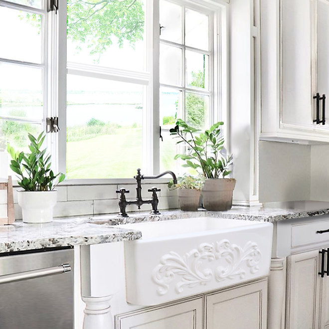 NANTUCKET 30 Inch Farmhouse Fireclay Sink with Filigree Apron FCFS3020S-Filigree  (FREE SHIPPING PROMO SEPTEMBER 2025)