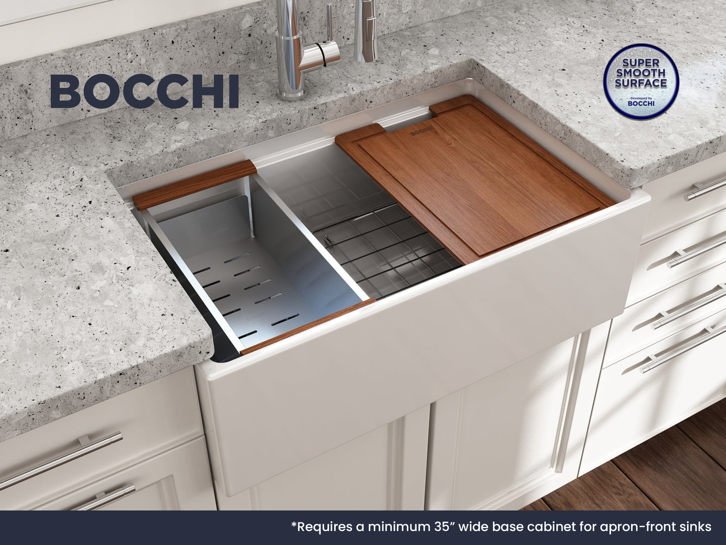 Bocchi 30'' x 19'' x 10'' Single Bowl Apron Kitchen Sink with Step Rim White