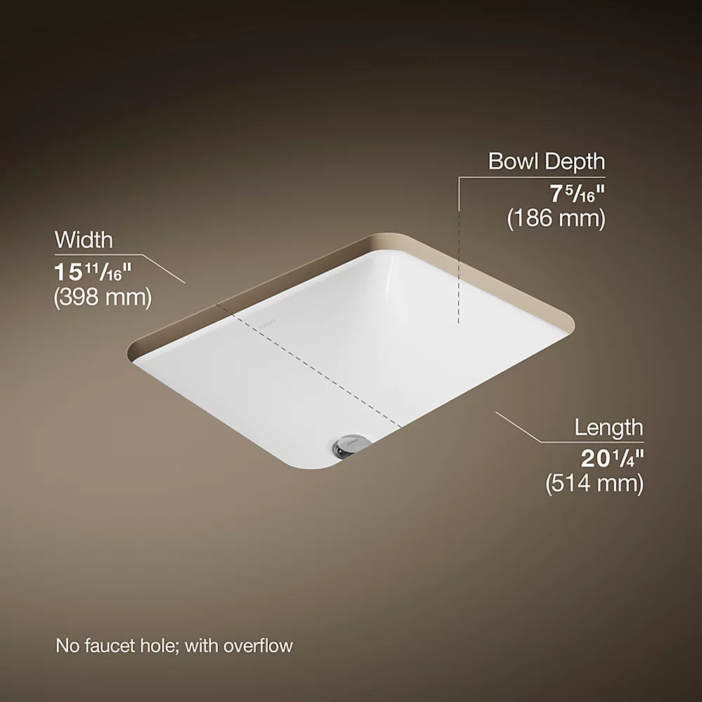 Kohler 20-1/4'' L x 16'' W Caxton White Rectangular Undermount Lavatory Sink with Overflow