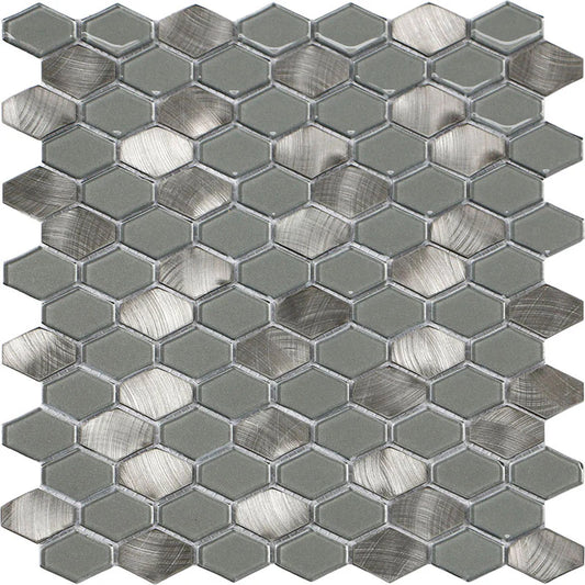 Iradium Silver 12x12 Stone & Glass Mixed Mosaic  - Elongated Hex - HF Collection