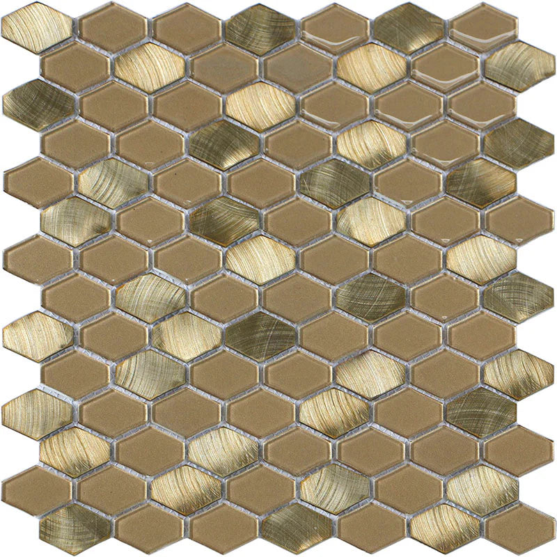 Iradium Gold 12x12 Stone & Glass Mixed Mosaic  - Elongated Hex - (SALE)