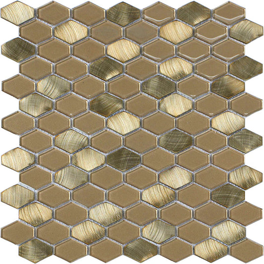 Iradium Gold 12x12 Stone & Glass Mixed Mosaic  - Elongated Hex - (SALE)