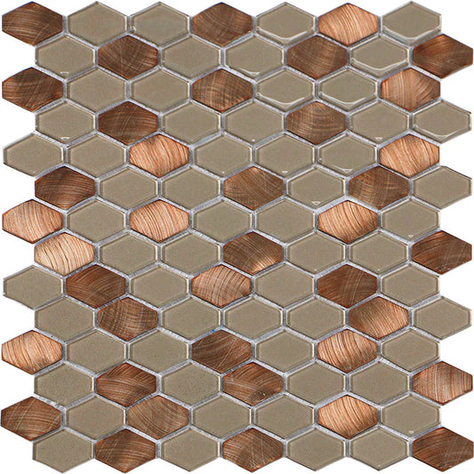 Iradium Copper 12x12 Stone & Glass Mixed Mosaic  (SALE) - Elongated Hex