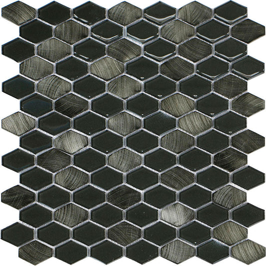 Iradium Anthracite 12x12 Stone & Glass Mixed Mosaic  (SALE) - Elongated Hex