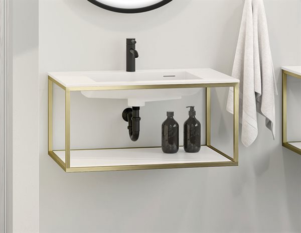 Stak Dua Wall Mount Frame and Matte White Round Corner Countertop with Solid Surface Shelf 23-5/8'' x 18-7/8'' x 6''