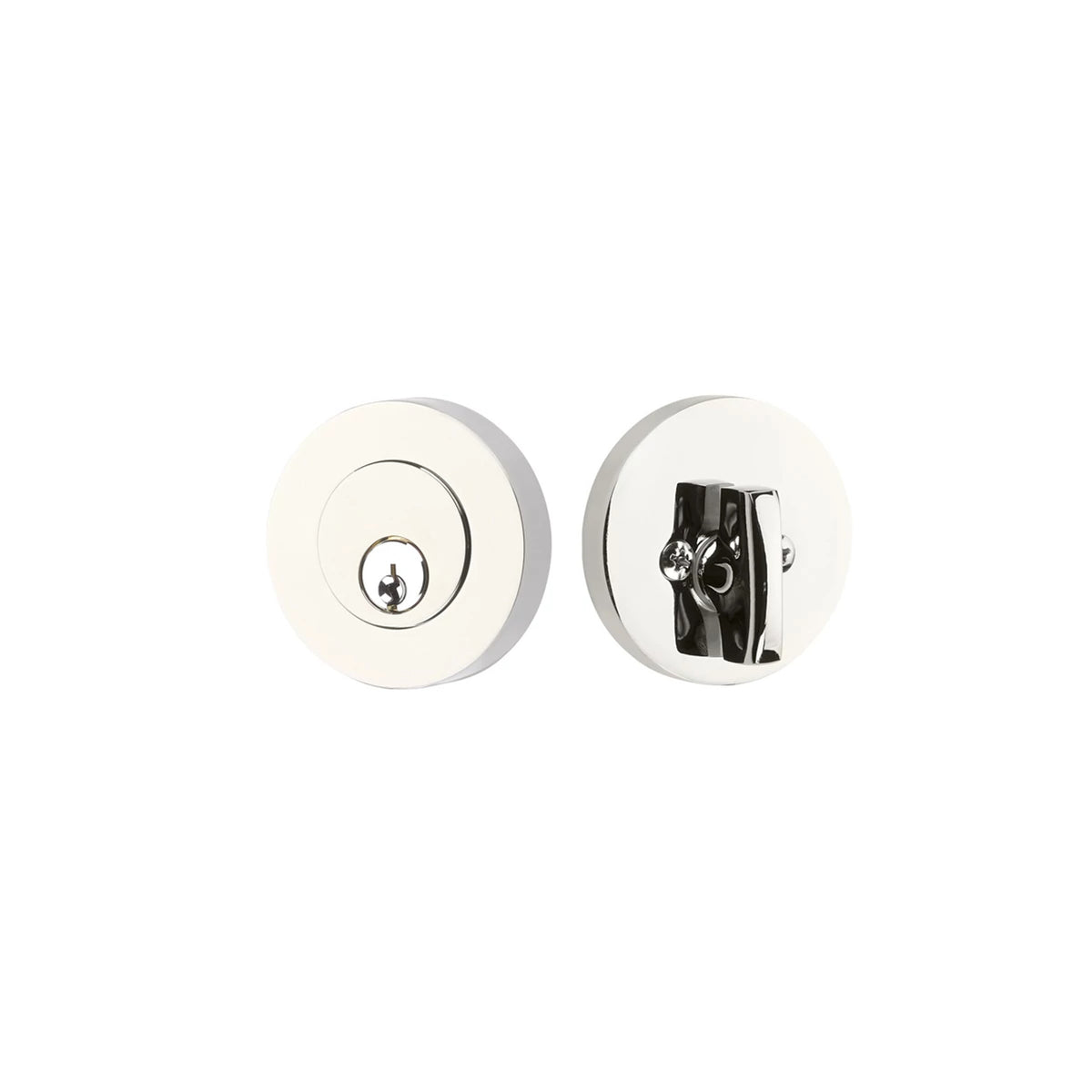 Emtek Modern Disc 8423US14 single-cylinder keyed deadbolt — Polished Nickel