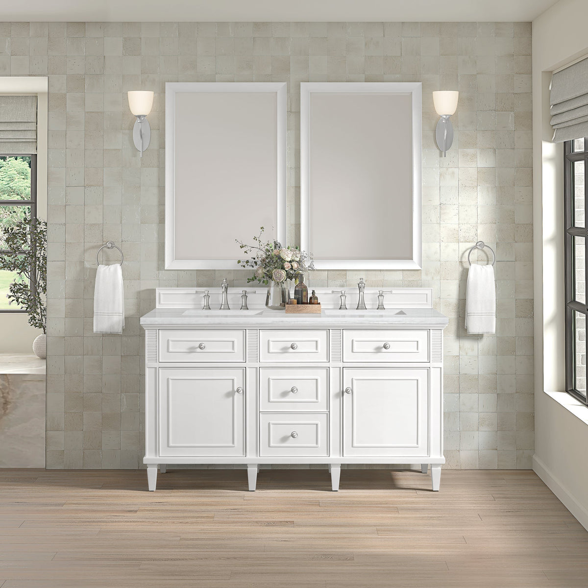 James Martin Lorelai 60 in. Vanity Cabinet Only | 424-V60D — Bright White; cabinet only, optional top and fixtures shown