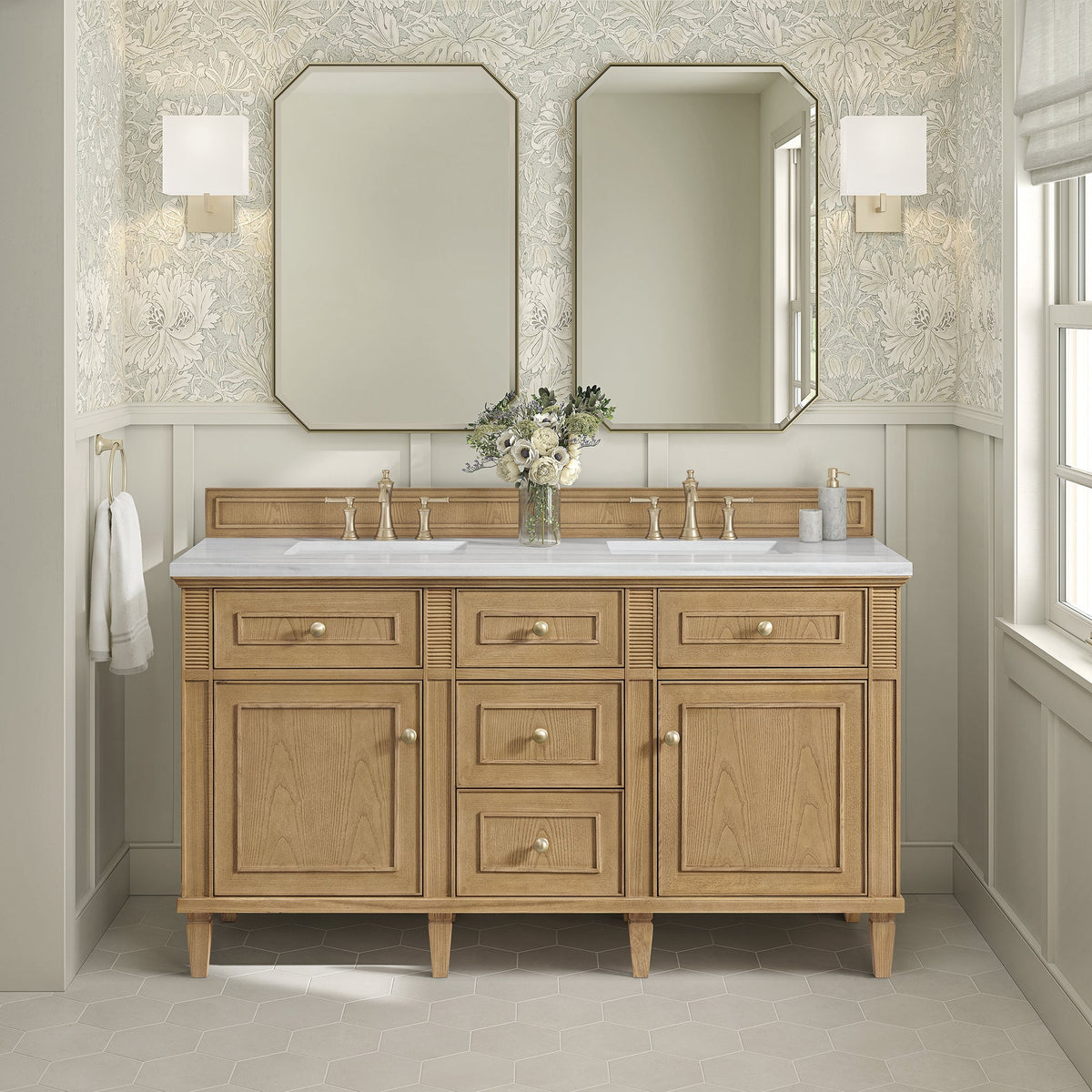 James Martin Lorelai 60 in. Vanity Cabinet Only | 424-V60D — Light Natural Oak; cabinet only, optional top and fixtures shown