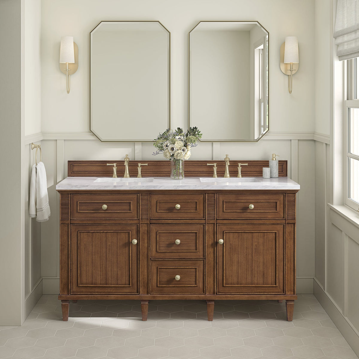 James Martin Lorelai 60 in. Vanity Cabinet Only | 424-V60D — Mid-Century Walnut; cabinet only, optional top and fixtures shown