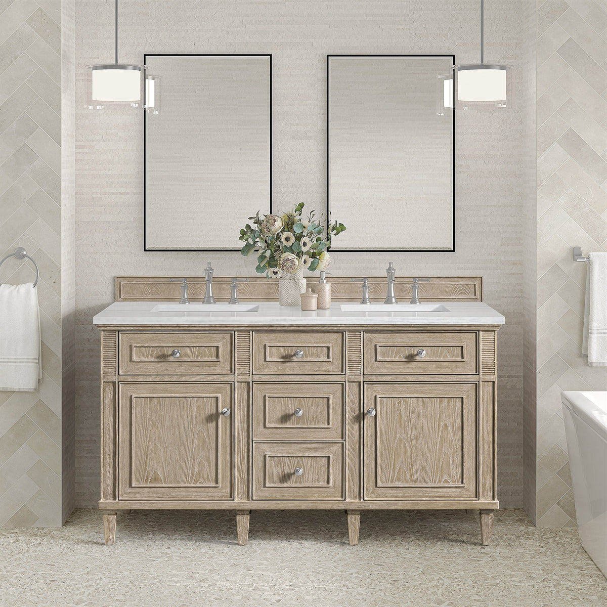 James Martin Lorelai 60 in. Vanity Cabinet Only | 424-V60D — Whitewashed Oak; cabinet only, optional top and fixtures shown