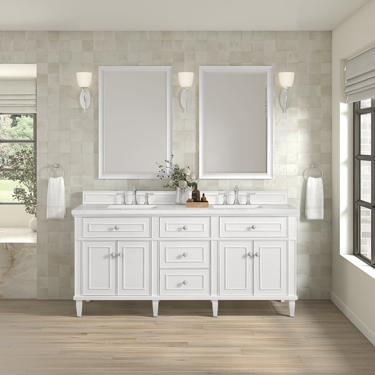 James Martin Lorelai 72 in. Vanity Cabinet Only | 424-V72 — Bright White; cabinet only, optional top and fixtures shown
