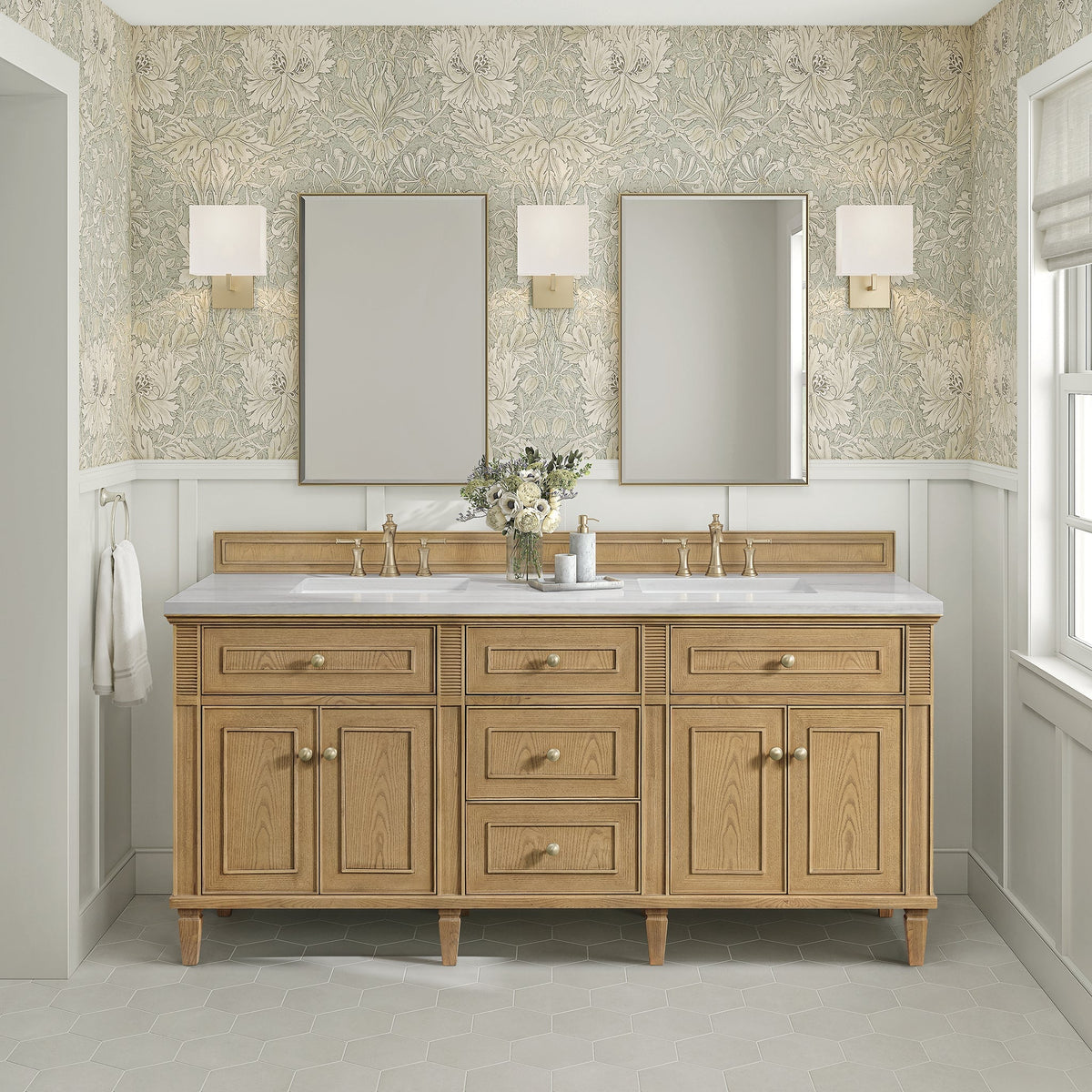 James Martin Lorelai 72 in. Vanity Cabinet Only | 424-V72 — Light Natural Oak; cabinet only, optional top and fixtures shown