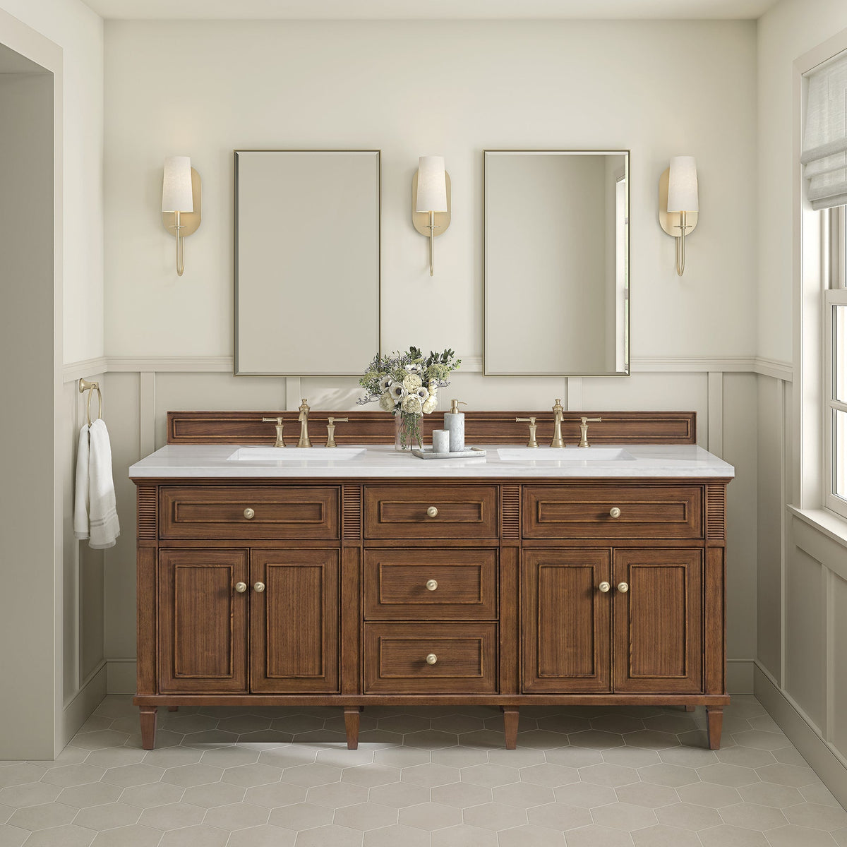James Martin Lorelai 72 in. Vanity Cabinet Only | 424-V72 — Mid-Century Walnut; cabinet only, optional top and fixtures shown