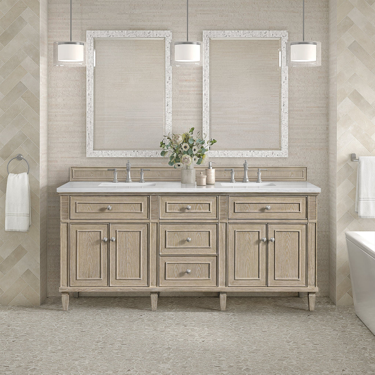 James Martin Lorelai 72 in. Vanity Cabinet Only | 424-V72 — Whitewashed Oak; cabinet only, optional top and fixtures shown