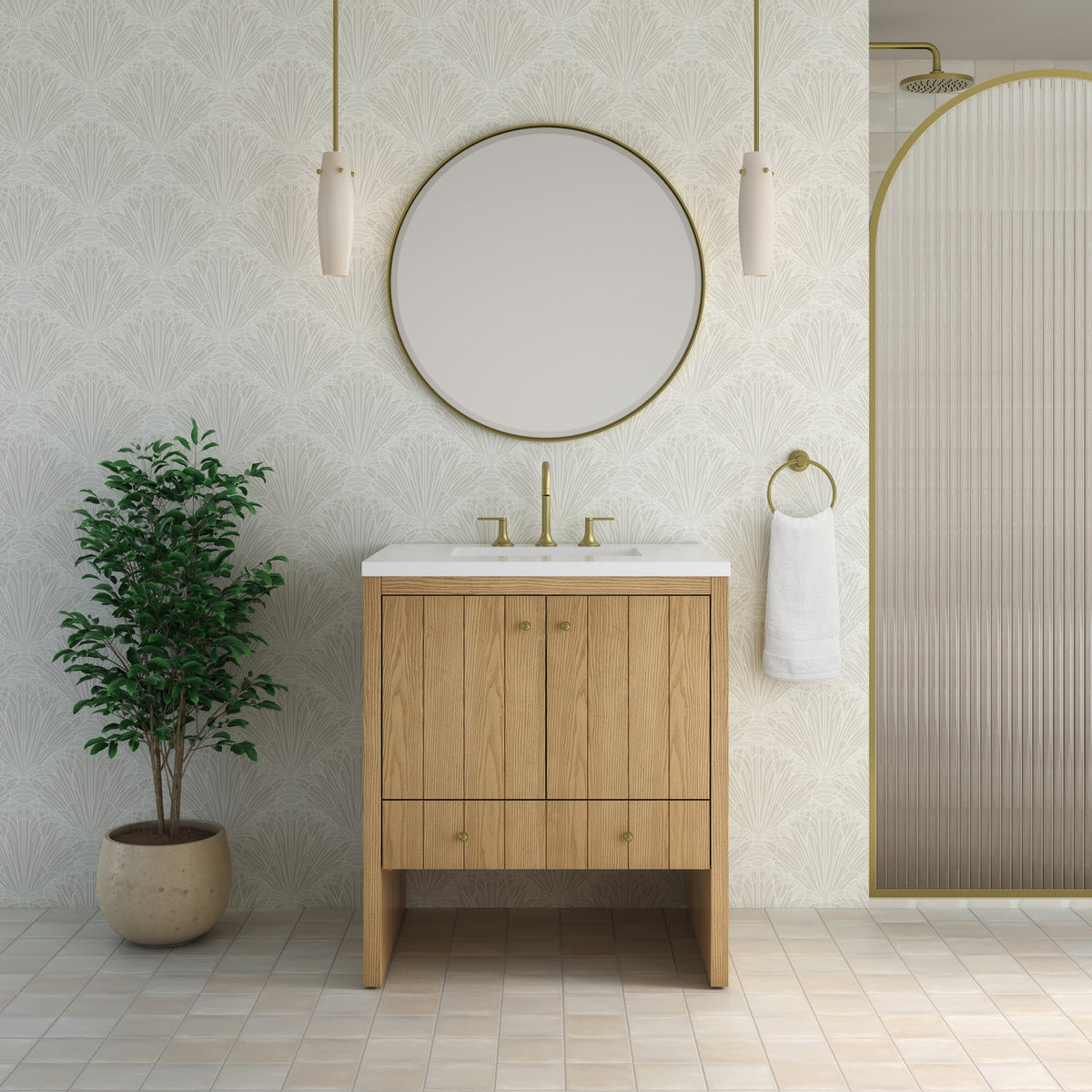 435-V30 Light Natural Oak vanity cabinet; optional tops, sinks and accessories shown are not included