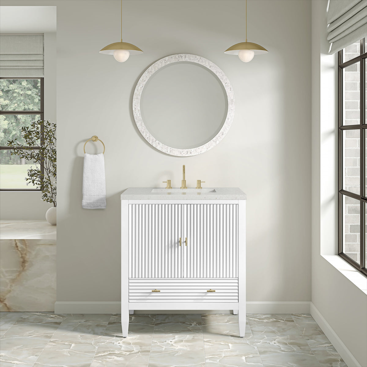 James Martin Myrrin 485-V30-BW Bright White cabinet; top and accessories pictured are not included