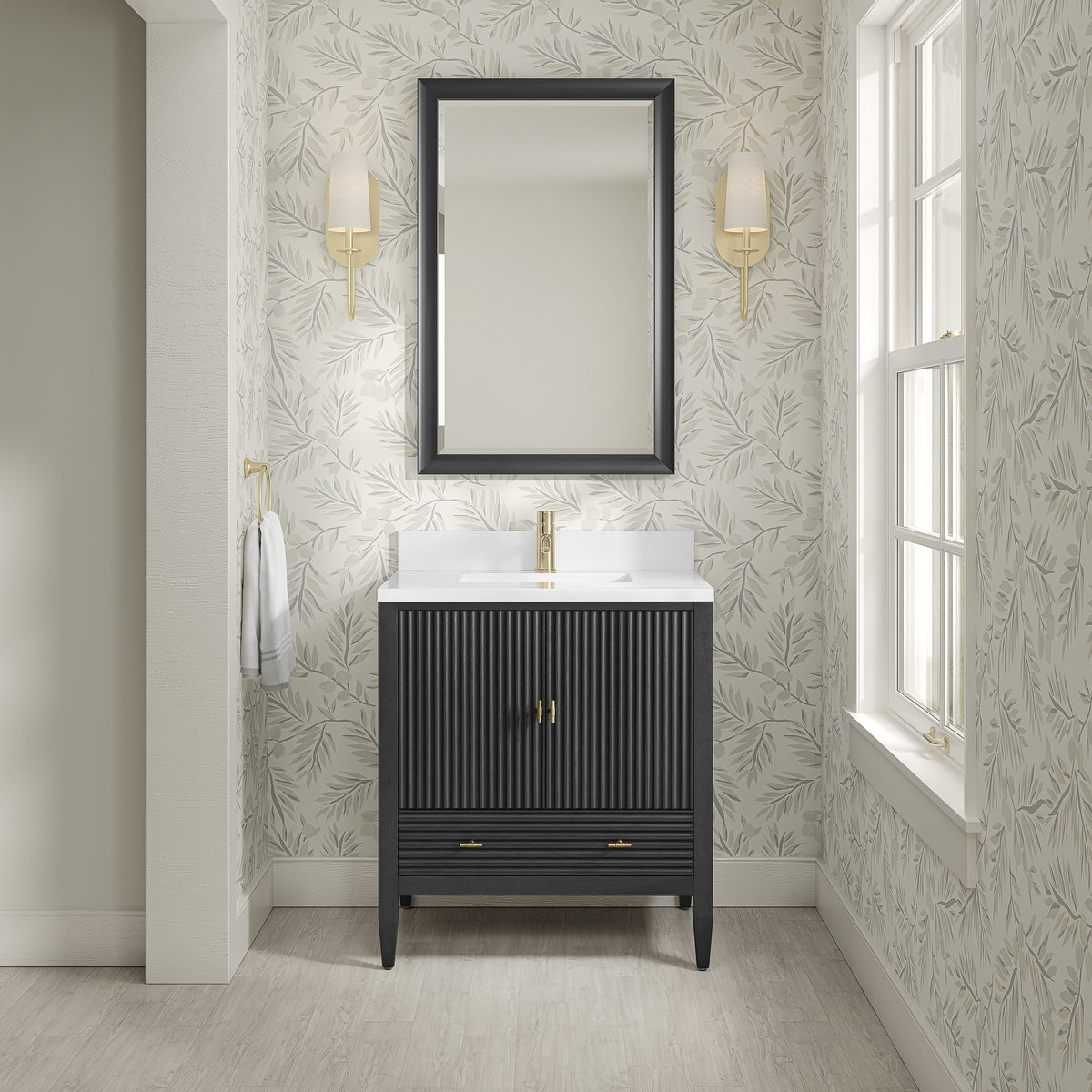 James Martin Myrrin 485-V30-CBO Carbon Oak cabinet; top and accessories pictured are not included