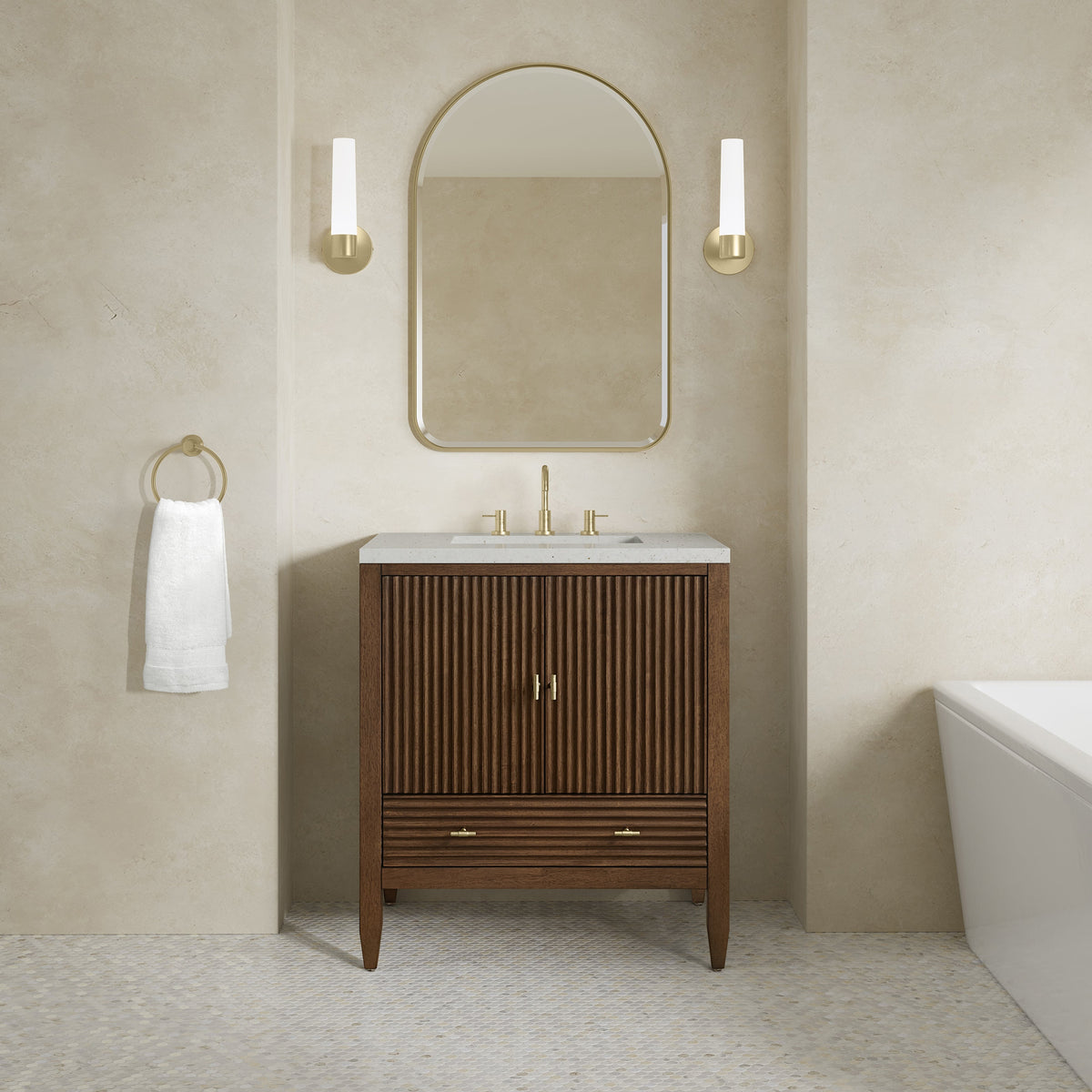 James Martin Myrrin 485-V30-WLT Mid-Century Walnut cabinet; top and accessories pictured are not included
