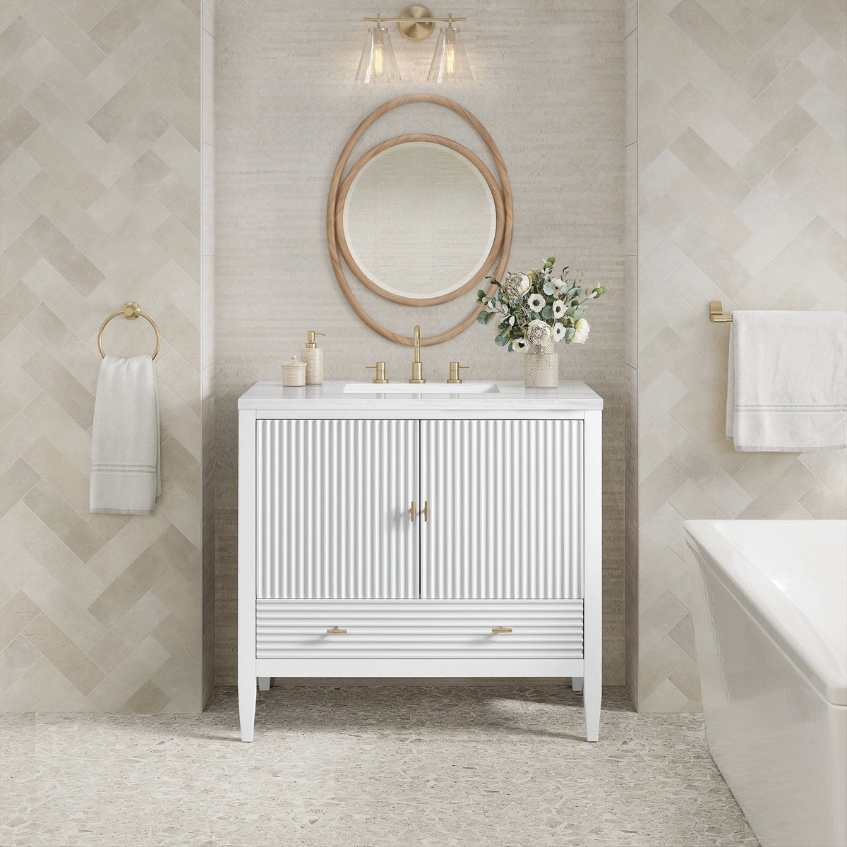 James Martin Myrrin 485-V36-BW Bright White cabinet; top and accessories pictured are not included
