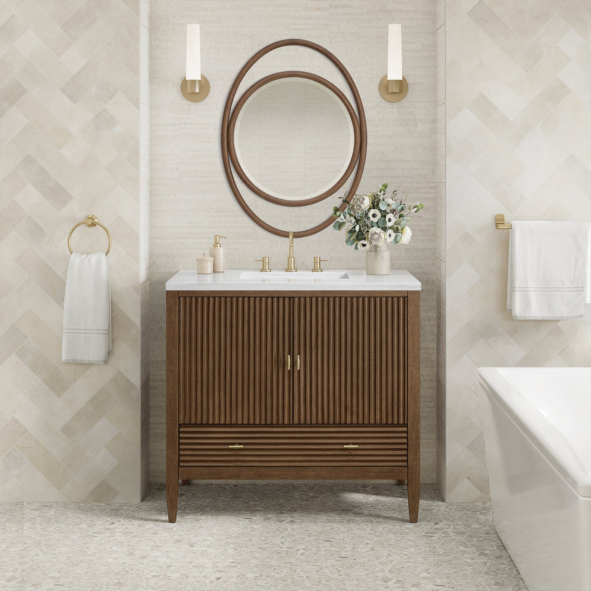 James Martin Myrrin 485-V36-WLT Mid-Century Walnut cabinet; top and accessories pictured are not included