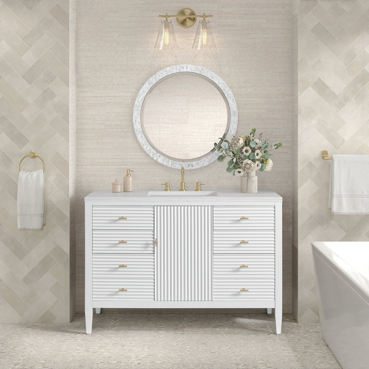 James Martin Myrrin 485-V48-BW Bright White cabinet; top and accessories pictured are not included