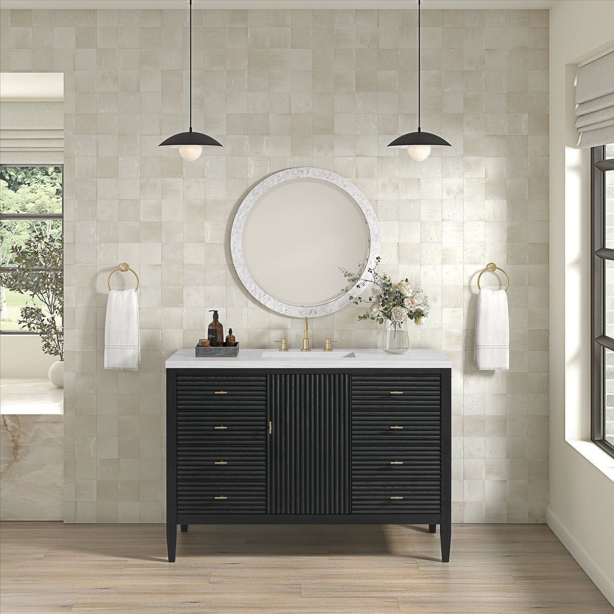 James Martin Myrrin 485-V48-CBO Carbon Oak cabinet; top and accessories pictured are not included