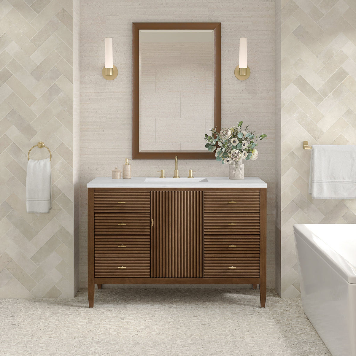 James Martin Myrrin 485-V48-WLT Mid-Century Walnut cabinet; top and accessories pictured are not included