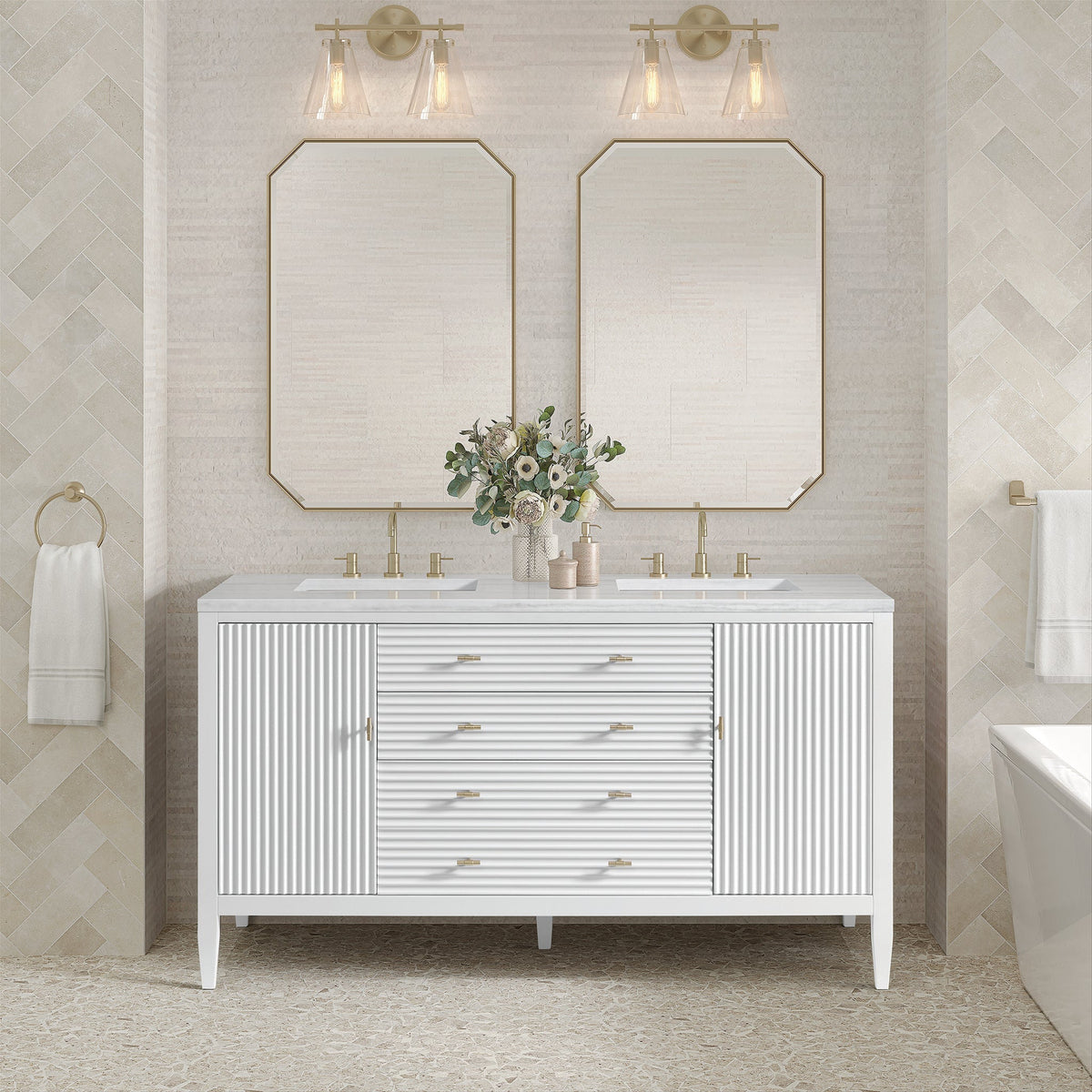 James Martin Myrrin 485-V60D-BW Bright White cabinet; top and accessories pictured are not included