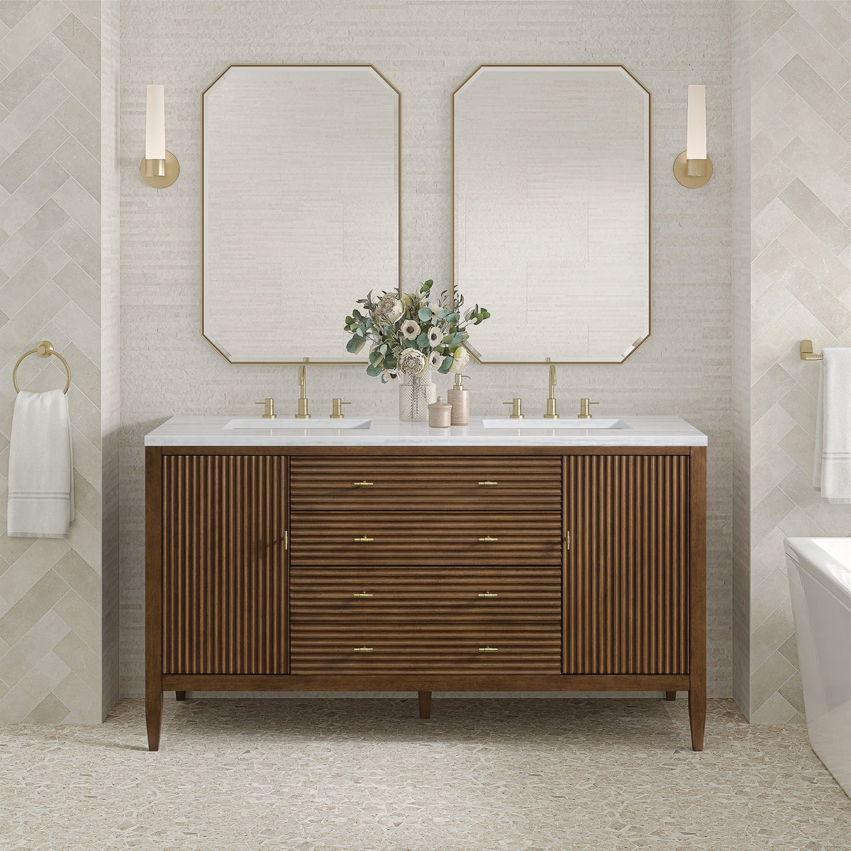 James Martin Myrrin 485-V60D-WLT Mid-Century Walnut cabinet; top and accessories pictured are not included