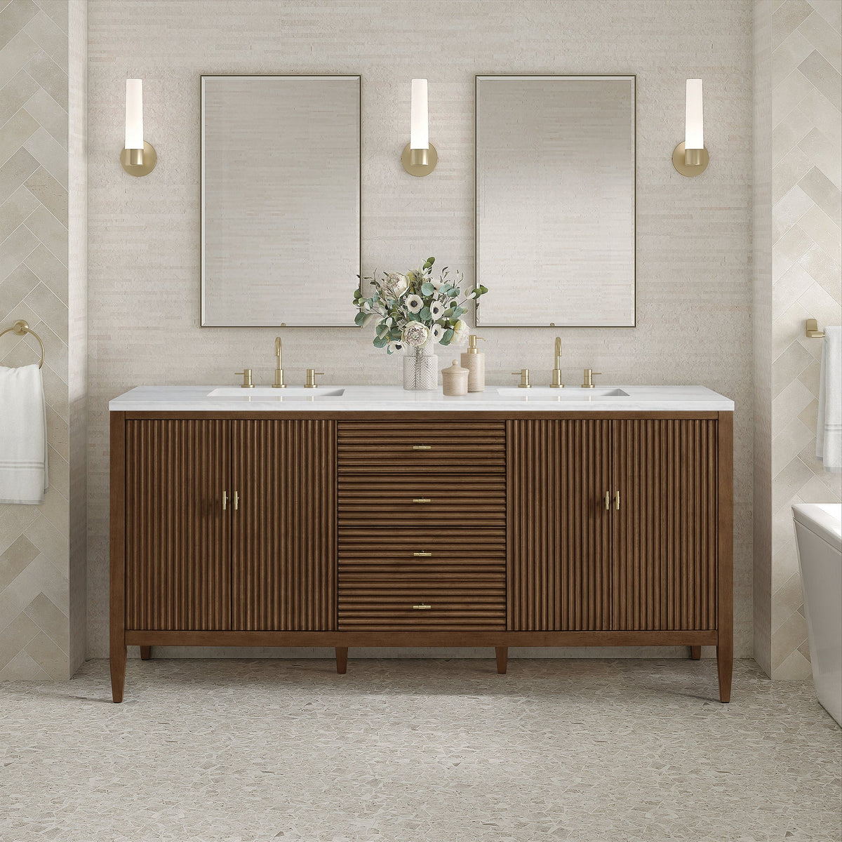 James Martin Myrrin 485-V72-WLT Mid-Century Walnut cabinet; top and accessories pictured are not included