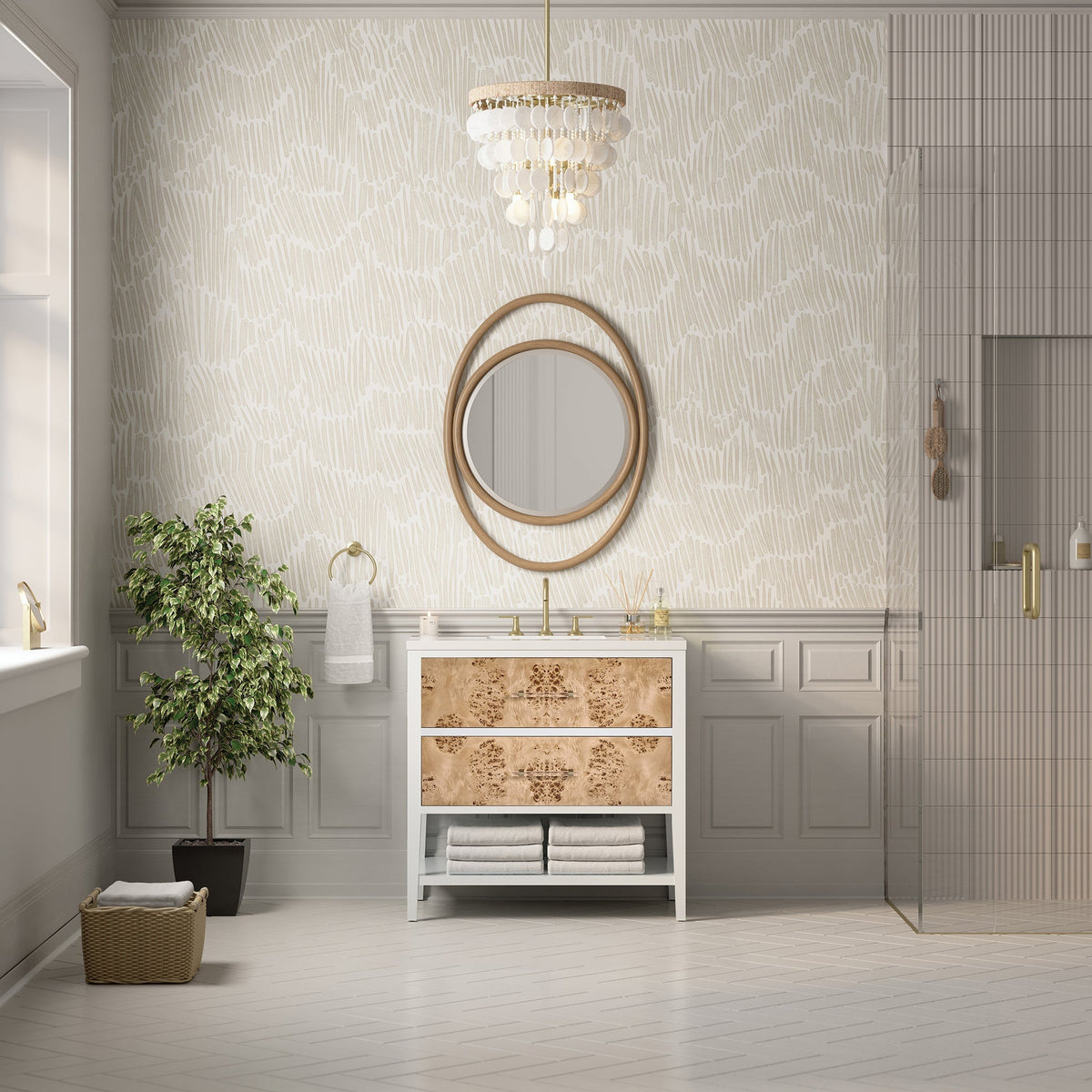 James Martin Olena 36 in. Vanity Cabinet Only | D804-V36 — Light Mappa Burl with Polished White Frame; cabinet only, optional top and fixtures shown