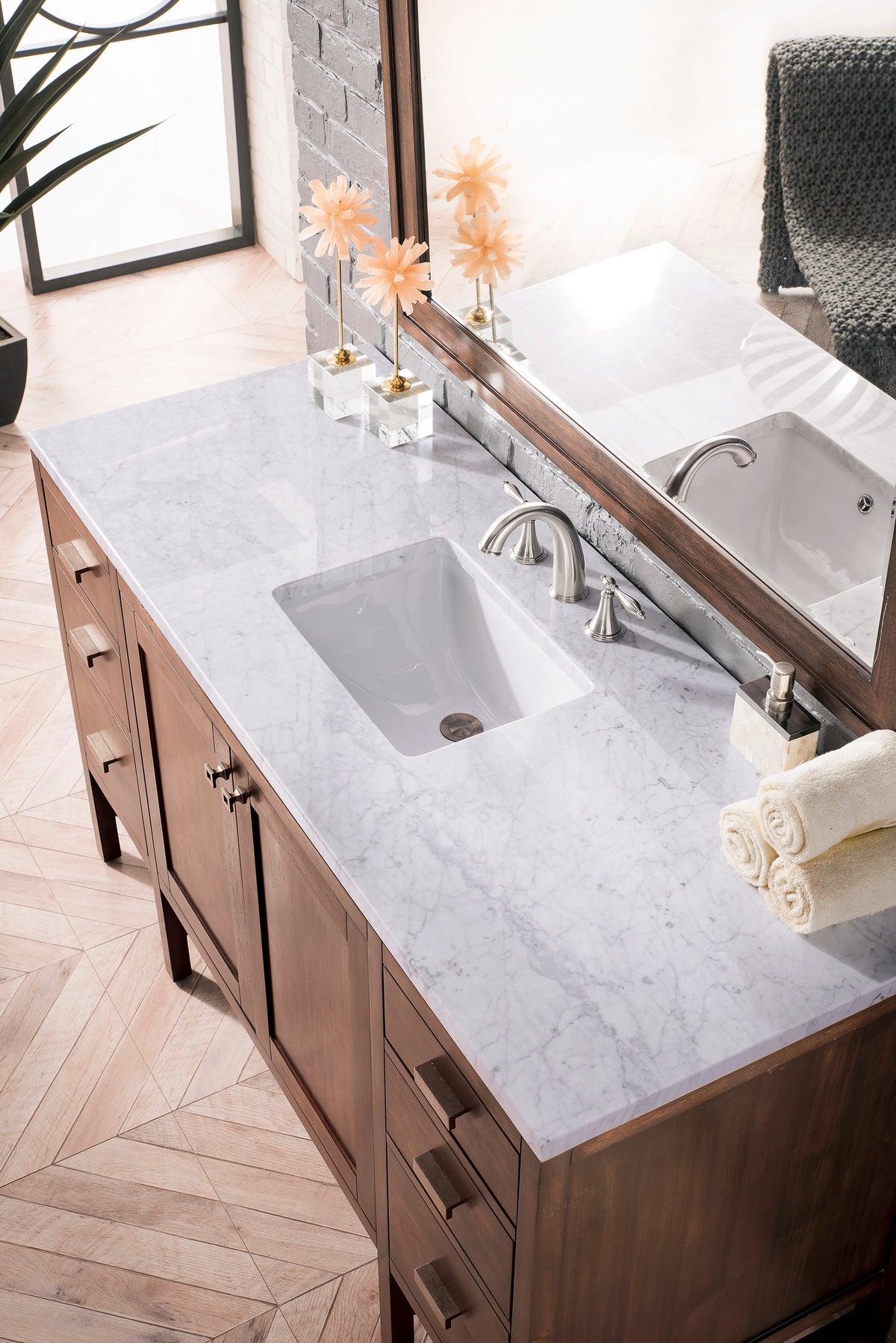 James Martin Addison 60-inch single vanity in Mid-Century Acacia with Carrara White Marble top