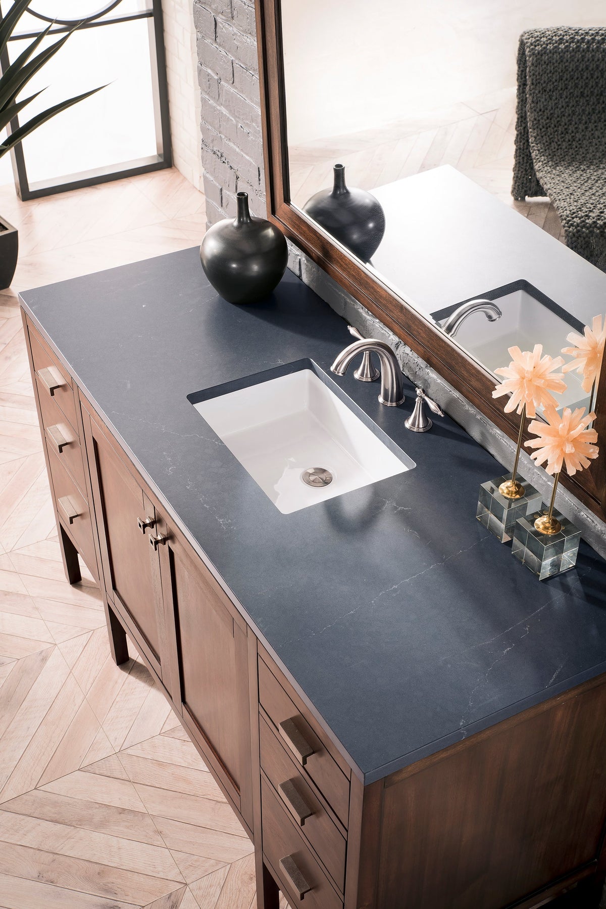 James Martin Addison 60-inch single vanity in Mid-Century Acacia with Charcoal Soapstone Silestone top